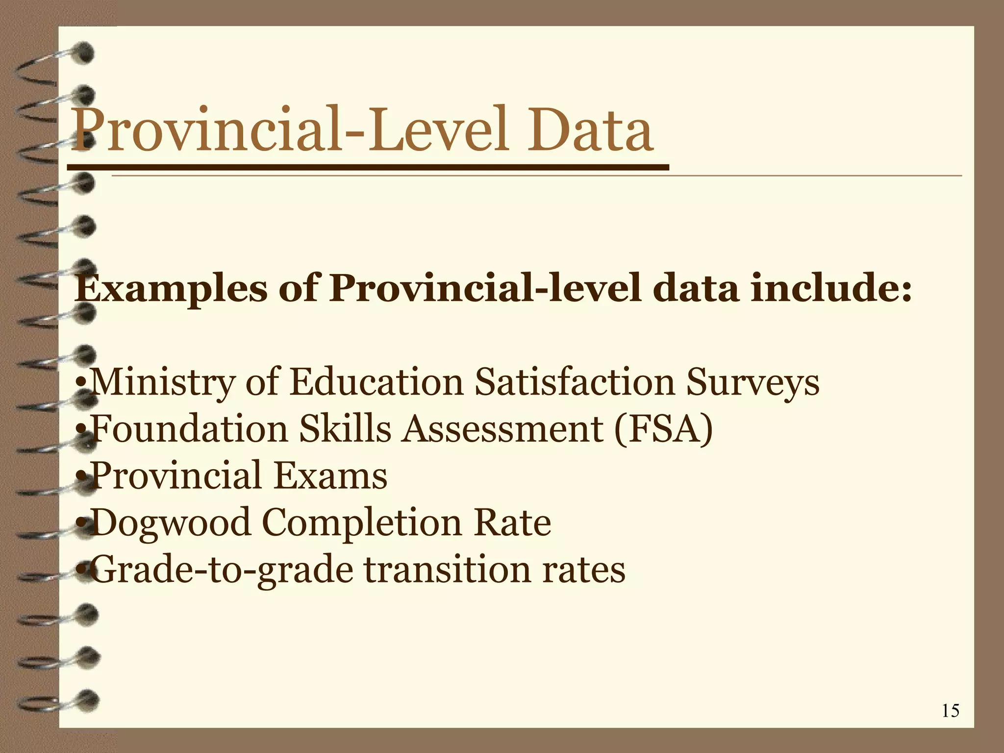 Provincial-Level Data Examples of Provincial-level data include: Ministry of Education Satisfaction Surveys  Foundation Skills Assessment (FSA) Provincial Exams Dogwood Completion Rate Grade-to-grade transition rates 