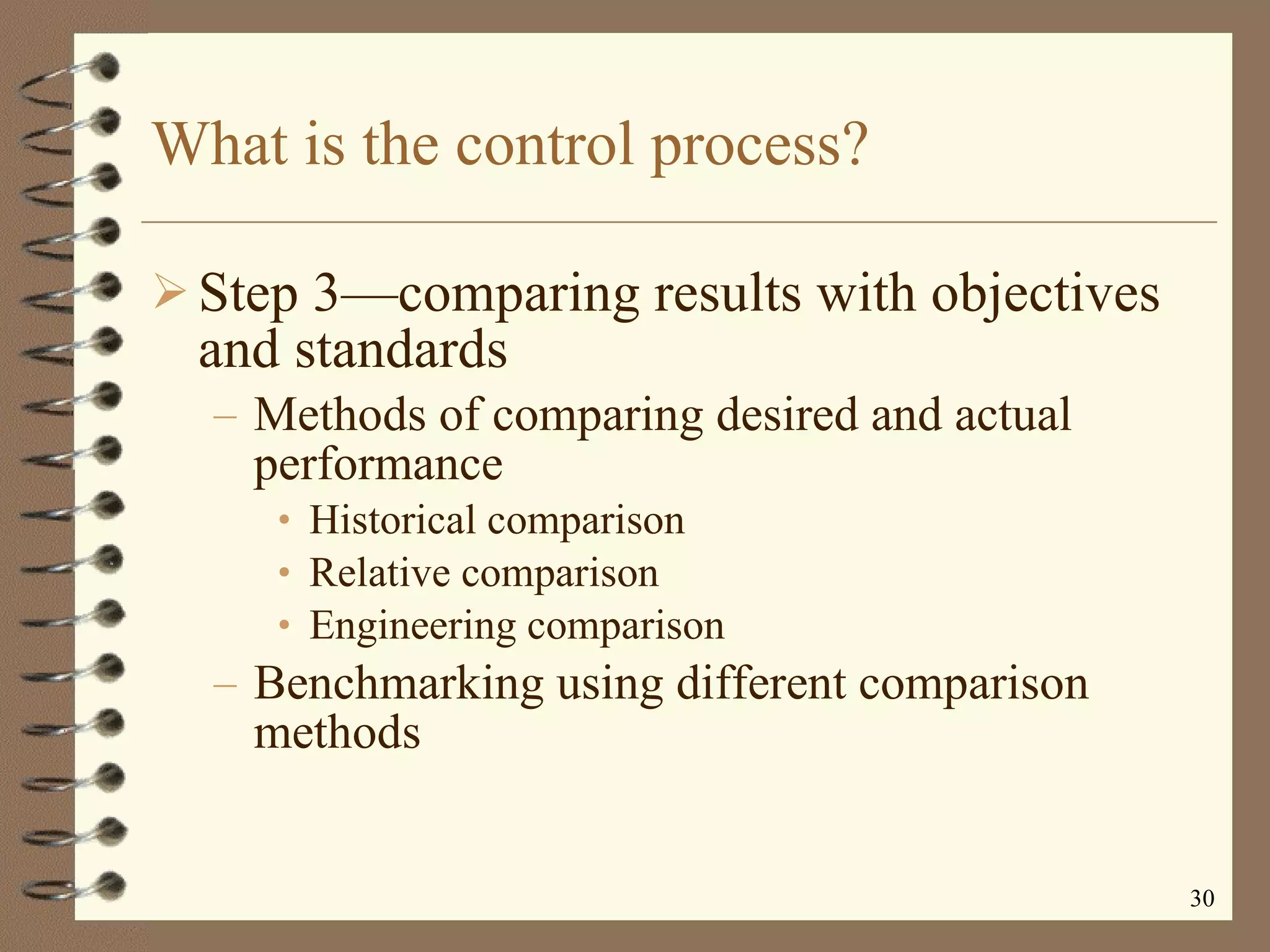 What is the control process? Step 3 —c omparing results with objectives and standards Methods of comparing desired and actual performance Historical comparison Relative comparison Engineering comparison Benchmarking using different comparison methods 