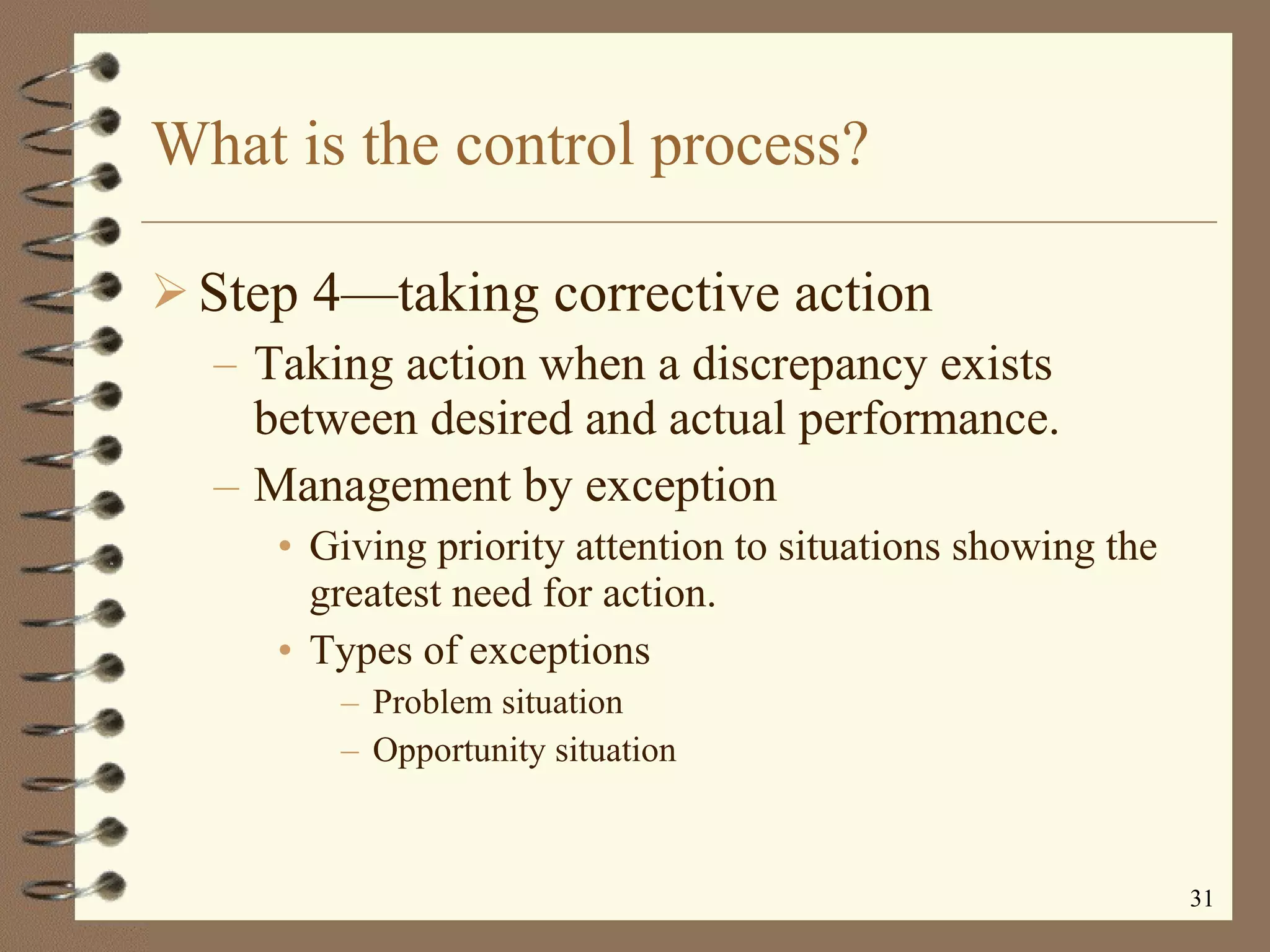 What is the control process? Step 4 —t aking corrective action Taking action when a discrepancy exists between desired and actual performance. Management by exception Giving priority attention to situations showing the greatest need for action. Types of exceptions Problem situation Opportunity situation 