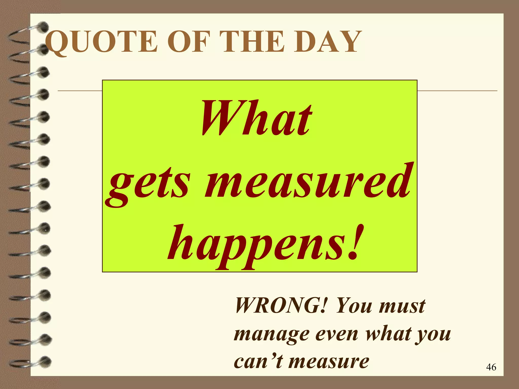QUOTE OF THE DAY What  gets measured happens! WRONG! You must manage even what you can’t measure 