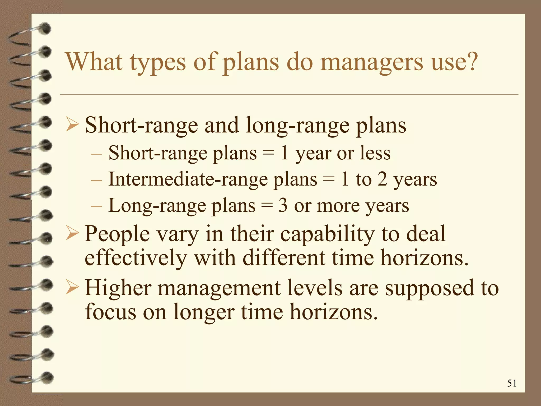 What types of plans do managers use? Short-range and long-range plans Short-range plans = 1 year or less Intermediate-range plans = 1 to 2 years Long-range plans = 3 or more years People vary in their capability to deal effectively with different time horizons. Higher management levels are supposed to focus on longer time horizons. 