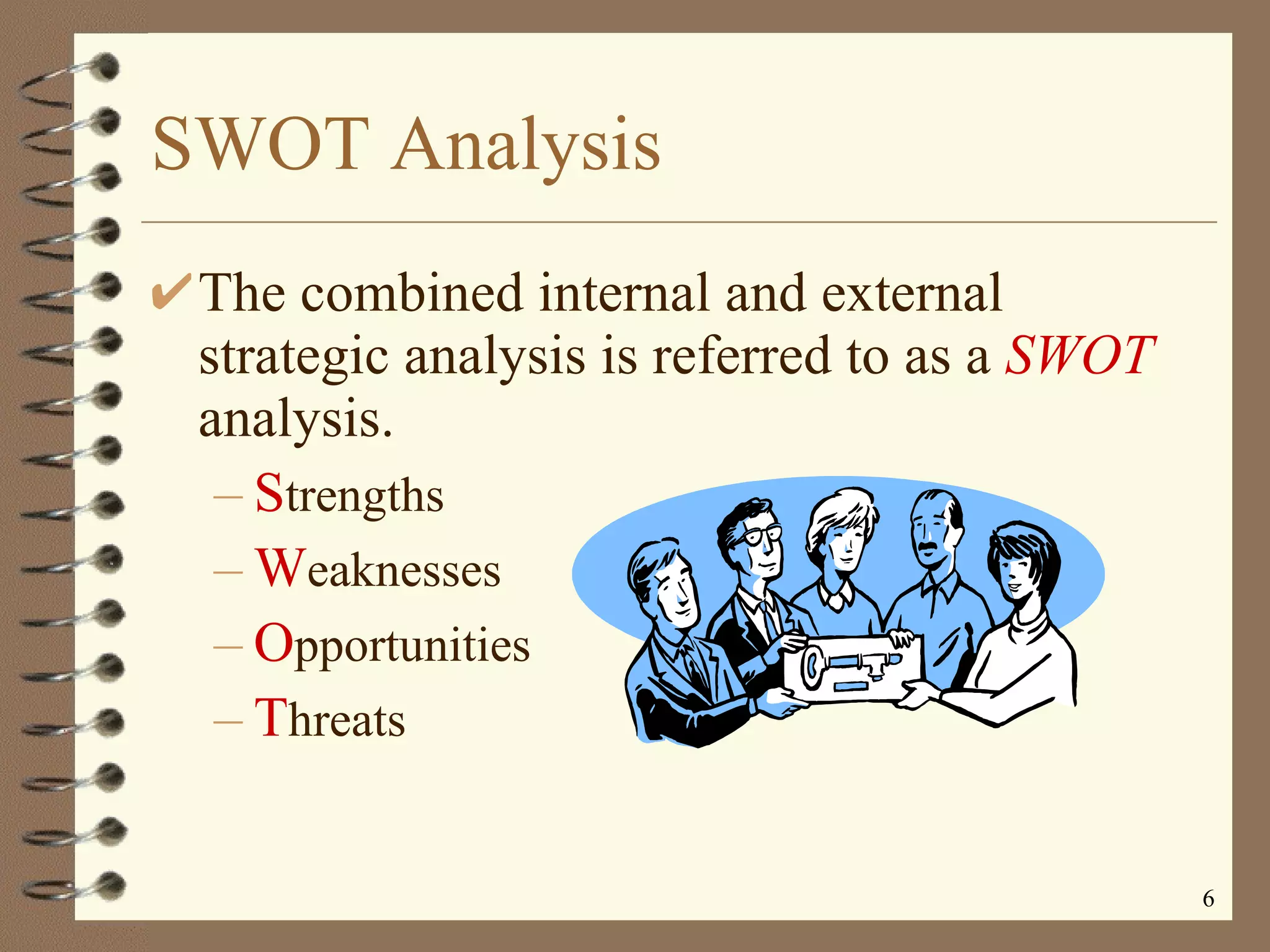 SWOT Analysis The combined internal and external strategic analysis is referred to as a  SWOT  analysis. S trengths W eaknesses O pportunities T hreats 