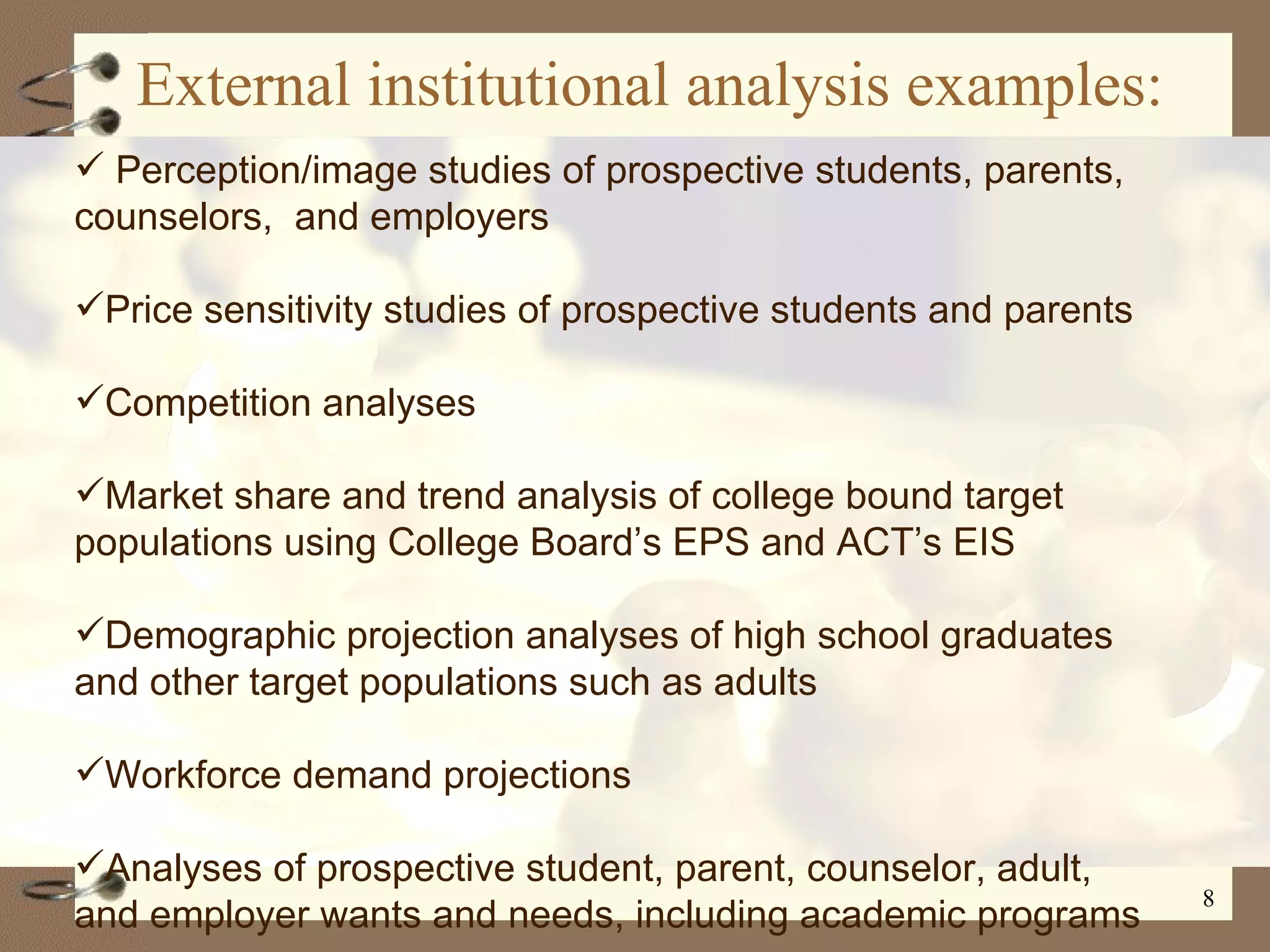 External institutional analysis examples: Perception/image studies of prospective students, parents, counselors,  and employers Price sensitivity studies of prospective students and parents Competition analyses Market share and trend analysis of college bound target populations using College Board’s EPS and ACT’s EIS Demographic projection analyses of high school graduates and other target populations such as adults Workforce demand projections Analyses of prospective student, parent, counselor, adult, and employer wants and needs, including academic programs 