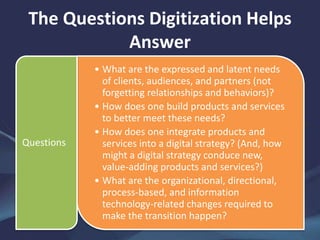 The Questions Digitization Helps
Answer
• What are the expressed and latent needs
of clients, audiences, and partners (not
forgetting relationships and behaviors)?
• How does one build products and services
to better meet these needs?
• How does one integrate products and
services into a digital strategy? (And, how
might a digital strategy conduce new,
value-adding products and services?)
• What are the organizational, directional,
process-based, and information
technology-related changes required to
make the transition happen?
Questions
 