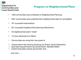 Progress on Neighbourhood Plans
• 1400 communities have embarked on Neighbourhood Planning
• 200+ communities have published their neighbourhood plan for consultation
• 75+ successful examinations
• 52+ successful neighbourhood planning referendums
• 34 neighbourhood plans “made”
• 13 more referendums in March
• Communities are using their new power to
o choose where new housing should go eg Thame, South Oxfordshire
o grant planning permission eg Cockermouth, Allerdale (NDO)
o protect local green spaces eg Arundel, Arun
and more …..
12
 