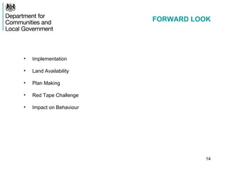 FORWARD LOOK
• Implementation
• Land Availability
• Plan Making
• Red Tape Challenge
• Impact on Behaviour
14
 