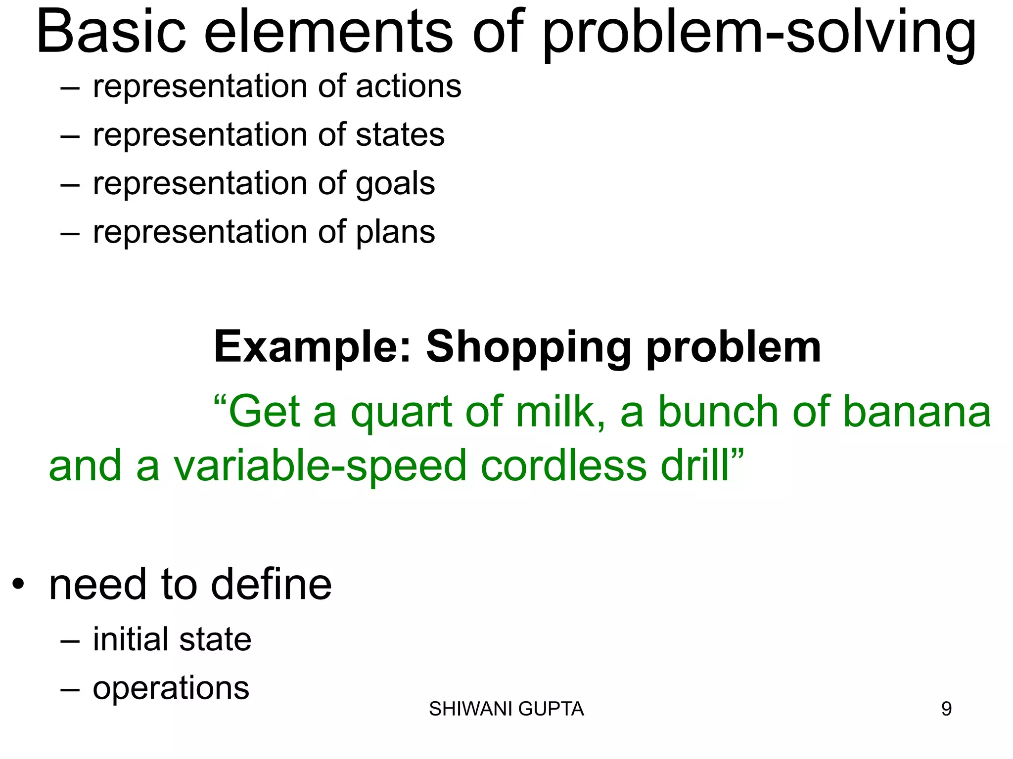 SHIWANI GUPTA 9
Basic elements of problem-solving
– representation of actions
– representation of states
– representation of goals
– representation of plans
Example: Shopping problem
“Get a quart of milk, a bunch of banana
and a variable-speed cordless drill”
• need to define
– initial state
– operations
 