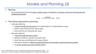Models and Planning (3)
• Planning
– Any computational process that takes a model as input and produces or improves a poli...