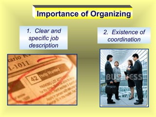 Importance of Organizing
1. Clear and
specific job
description
2. Existence of
coordination
 
