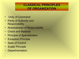 CLASSICAL PRINCIPLES
OF ORGANIZATION
• Unity of Command
• Parity of Authority and
Responsibility
• Absoluteness of Responsibility
• Check and Balance
• Principle of Specialization
• Exception Principle
• Span of Control
• Scalar Principle
• Departmentation
 