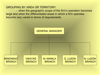 GROUPING BY AREA OR TERRITORY
- when the geographic scope of the firm’s operation becomes
large and when the differentiated areas in which a firm operates
become very varied in terms of requirements
GENERAL MANAGER
MINDANAO
BRANCH
M. MANILA
BRANCH
S. LUZON
BRANCH
VISAYAS
BRANCH
N. LUZON
BRANCH
 