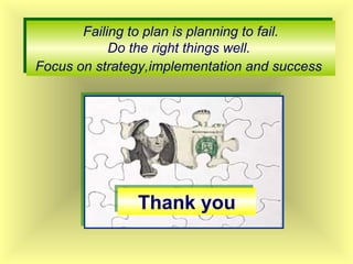 Failing to plan is planning to fail.
Do the right things well.
Focus on strategy,implementation and success
Failing to plan is planning to fail.
Do the right things well.
Focus on strategy,implementation and success
Thank youThank you
 