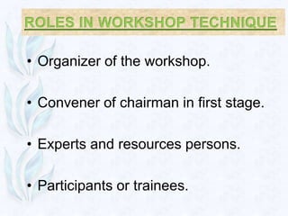 • Organizer of the workshop.

• Convener of chairman in first stage.

• Experts and resources persons.

• Participants or trainees.
 