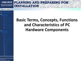 PLANNING AND PREPARING FOR
INSTALLATION
Basic Terms, Concepts, Functions
and Characteristics of PC
Hardware Components
CHS-NCII
Information Sheet 1.1-2
Prepared by:
Engr. Hanzel B. Metrio
1. OBJECTIVES
2.Types of
Computer
1. Workstation
2. Desktop computer
3. Single unit
4. Nettop Laptop
5. Laptop
6. Netbook Tablet
7. PC Ultra mobile
8. PC Pocket PC
9. Home theater PC
3.Computer
Hardware
1. System Case
2. CPU
3. Motherboard
4. Primary storage
5. Secondary storage
6. Memory Card
7. Video Card
8. Monitor
9. Keyboard
10.Mouse
11.LAN Card
12.Modem
13.Mass storage
14.Printer
15.Scanner
16.Camera
Core: Install Computer
Systems & Networks
 
