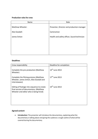Production roles for crew
Name Role
Matthew Wheeler:
Alex Goodall:
James Sinton
Presenter, Director and production manager
Cameraman
Health and safety officer, Sound technician
Deadlines
Crew responsibility Deadline for completion
Complete the pre-production (Matthew
Wheeler)
Complete the filming process (Matthew
Wheeler, James Sinton, Alex Goodall and
interviewees)
Editing of footage into sequence to create
final version of documentary. (Matthew
Wheeler and editor who is being hired)
14th
June 2013
17th
June 2013
19th
June 2013
Agreed content
Introduction: The presenter will introduce the documentary, explaining what the
documentary is talking about and giving the audience a rough outline of what will be
covered during the documentary.
 