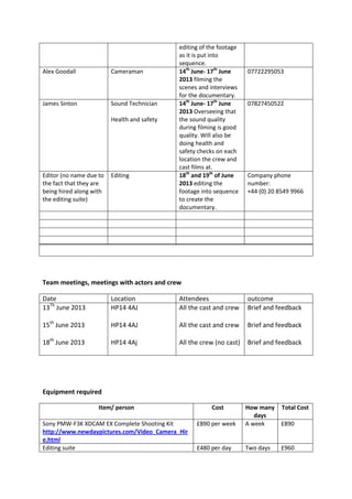 editing of the footage
as it is put into
sequence.
Alex Goodall Cameraman 14th
June- 17th
June
2013 filming the
scenes and interviews
for the documentary.
07722295053
James Sinton Sound Technician
Health and safety
14th
June- 17th
June
2013 Overseeing that
the sound quality
during filming is good
quality. Will also be
doing health and
safety checks on each
location the crew and
cast films at.
07827450522
Editor (no name due to
the fact that they are
being hired along with
the editing suite)
Editing 18th
and 19th
of June
2013 editing the
footage into sequence
to create the
documentary.
Company phone
number:
+44 (0) 20 8549 9966
Team meetings, meetings with actors and crew
Date Location Attendees outcome
13Th
June 2013
15th
June 2013
18th
June 2013
HP14 4AJ
HP14 4AJ
HP14 4Aj
All the cast and crew
All the cast and crew
All the crew (no cast)
Brief and feedback
Brief and feedback
Brief and feedback
Equipment required
Item/ person Cost How many
days
Total Cost
Sony PMW-F3K XDCAM EX Complete Shooting Kit
http://www.newdaypictures.com/Video_Camera_Hir
e.html
£890 per week A week £890
Editing suite £480 per day Two days £960
 