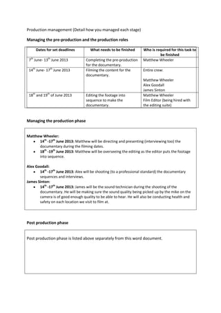 Production management (Detail how you managed each stage)
Managing the pre-production and the production roles
Dates for set deadlines What needs to be finished Who is required for this task to
be finished
7th
June- 13th
June 2013 Completing the pre-production
for the documentary.
Matthew Wheeler
14th
June- 17th
June 2013 Filming the content for the
documentary.
Entire crew:
Matthew Wheeler
Alex Goodall
James Sinton
18th
and 19th
of June 2013 Editing the footage into
sequence to make the
documentary.
Matthew Wheeler
Film Editor (being hired with
the editing suite)
Managing the production phase
Matthew Wheeler:
14th
-17th
June 2013: Matthew will be directing and presenting (interviewing too) the
documentary during the filming dates.
18th
-19th
June 2013: Matthew will be overseeing the editing as the editor puts the footage
into sequence.
Alex Goodall:
14th
-17th
June 2013: Alex will be shooting (to a professional standard) the documentary
sequences and interviews.
James Sinton:
14th
-17th
June 2013: James will be the sound technician during the shooting of the
documentary. He will be making sure the sound quality being picked up by the mike on the
camera is of good enough quality to be able to hear. He will also be conducting health and
safety on each location we visit to film at.
Post production phase
Post production phase is listed above separately from this word document.
 