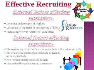  Looming

undersupply of workers
 Lessening of the trend in outsourcing of jobs
 Increasingly fewer “qualified” candidates

 The

consistency of the firm’s recruitment efforts with its strategic goals
 The available resources, types of jobs to be recruited and choice of
recruiting methods
 Non recruitment HR issues and policies
 Line and staff coordination and cooperation

 