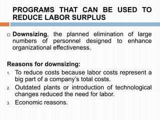 PROGRAMS THAT CAN BE USED TO
REDUCE LABOR SURPLUS
 Downsizing, the planned elimination of large
numbers of personnel designed to enhance
organizational effectiveness.
Reasons for downsizing:
1. To reduce costs because labor costs represent a
big part of a company’s total costs.
2. Outdated plants or introduction of technological
changes reduced the need for labor.
3. Economic reasons.
 