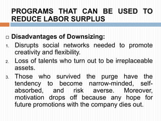 PROGRAMS THAT CAN BE USED TO
REDUCE LABOR SURPLUS
 Disadvantages of Downsizing:
1. Disrupts social networks needed to promote
creativity and flexibility.
2. Loss of talents who turn out to be irreplaceable
assets.
3. Those who survived the purge have the
tendency to become narrow-minded, self-
absorbed, and risk averse. Moreover,
motivation drops off because any hope for
future promotions with the company dies out.
 