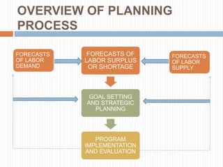 OVERVIEW OF PLANNING
PROCESS
FORECASTS OF
LABOR SURPLUS
OR SHORTAGE
GOAL SETTING
AND STRATEGIC
PLANNING
PROGRAM
IMPLEMENTATION
AND EVALUATION
FORECASTS
OF LABOR
DEMAND
FORECASTS
OF LABOR
SUPPLY
 