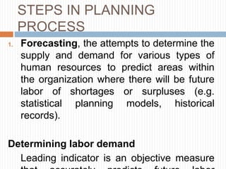 STEPS IN PLANNING
PROCESS
1. Forecasting, the attempts to determine the
supply and demand for various types of
human resources to predict areas within
the organization where there will be future
labor of shortages or surpluses (e.g.
statistical planning models, historical
records).
Determining labor demand
Leading indicator is an objective measure
 