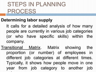 STEPS IN PLANNING
PROCESS
Determining labor supply
It calls for a detailed analysis of how many
people are currently in various job categories
(or who have specific skills) within the
company.
Transitional Matrix. Matrix showing the
proportion (or number) of employees in
different job categories at different times.
Typically, it shows how people move in one
year from job category to another job
 