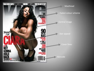 Central image
Masthead
Barcode
Star appeal
Cover lines
Faded colour scheme
 