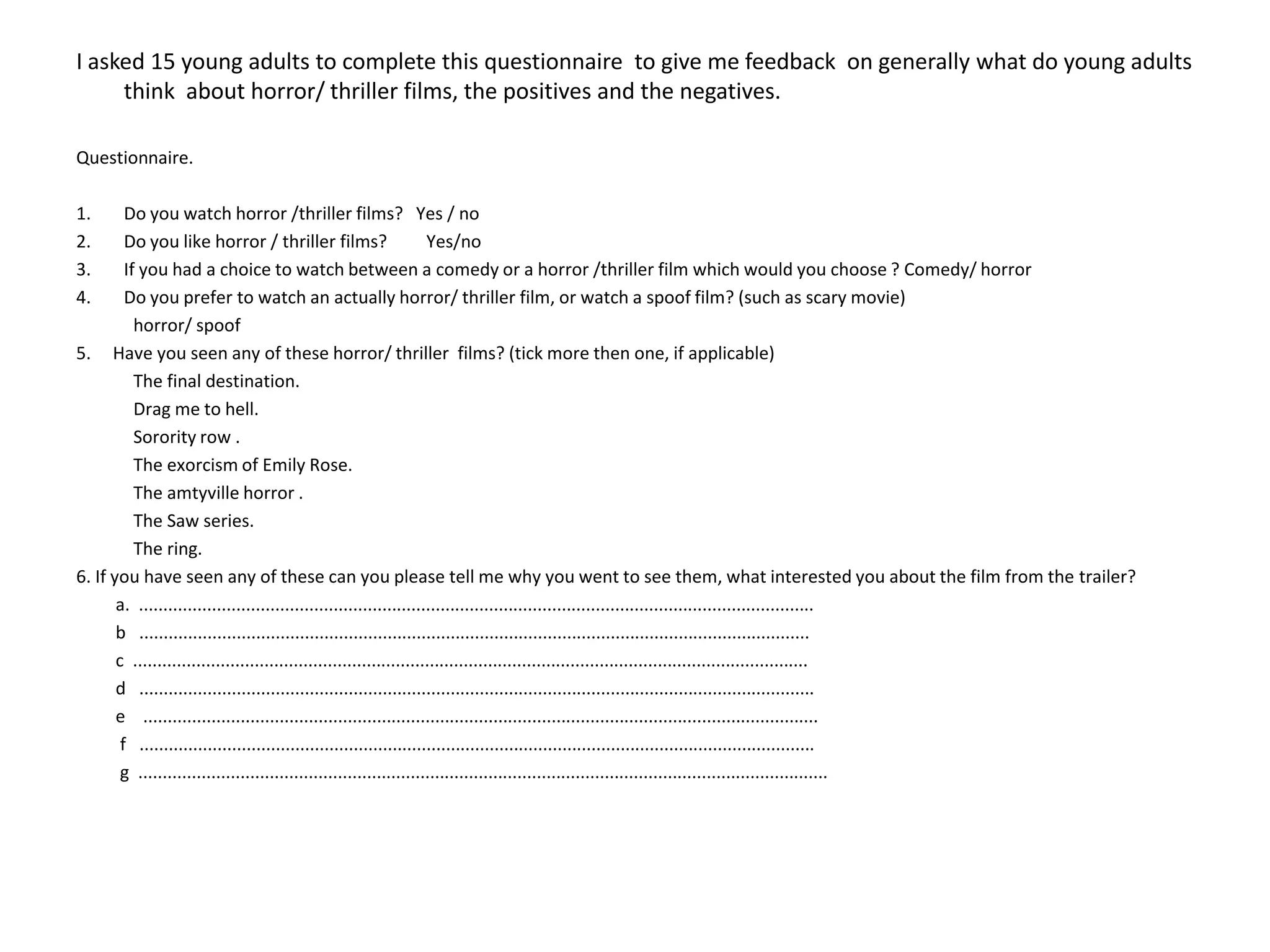I asked 15 young adults to complete this questionnaire  to give me feedback  on generally what do young adults think  about horror/ thriller films, the positives and the negatives. Questionnaire.Do you watch horror /thriller films?   Yes / noDo you like horror / thriller films?         Yes/noIf you had a choice to watch between a comedy or a horror /thriller film which would you choose ? Comedy/ horrorDo you prefer to watch an actually horror/ thriller film, or watch a spoof film? (such as scary movie)             horror/ spoof5.     Have you seen any of these horror/ thriller  films? (tick more then one, if applicable)            The final destination.            Drag me to hell.            Sorority row .            The exorcism of Emily Rose.            The amtyville horror .The Saw series.             The ring. 6. If you have seen any of these can you please tell me why you went to see them, what interested you about the film from the trailer?         a.  ...........................................................................................................................................        b   ..........................................................................................................................................        c  ...........................................................................................................................................        d   ...........................................................................................................................................        e    ...........................................................................................................................................         f   ...........................................................................................................................................         g  ..............................................................................................................................................