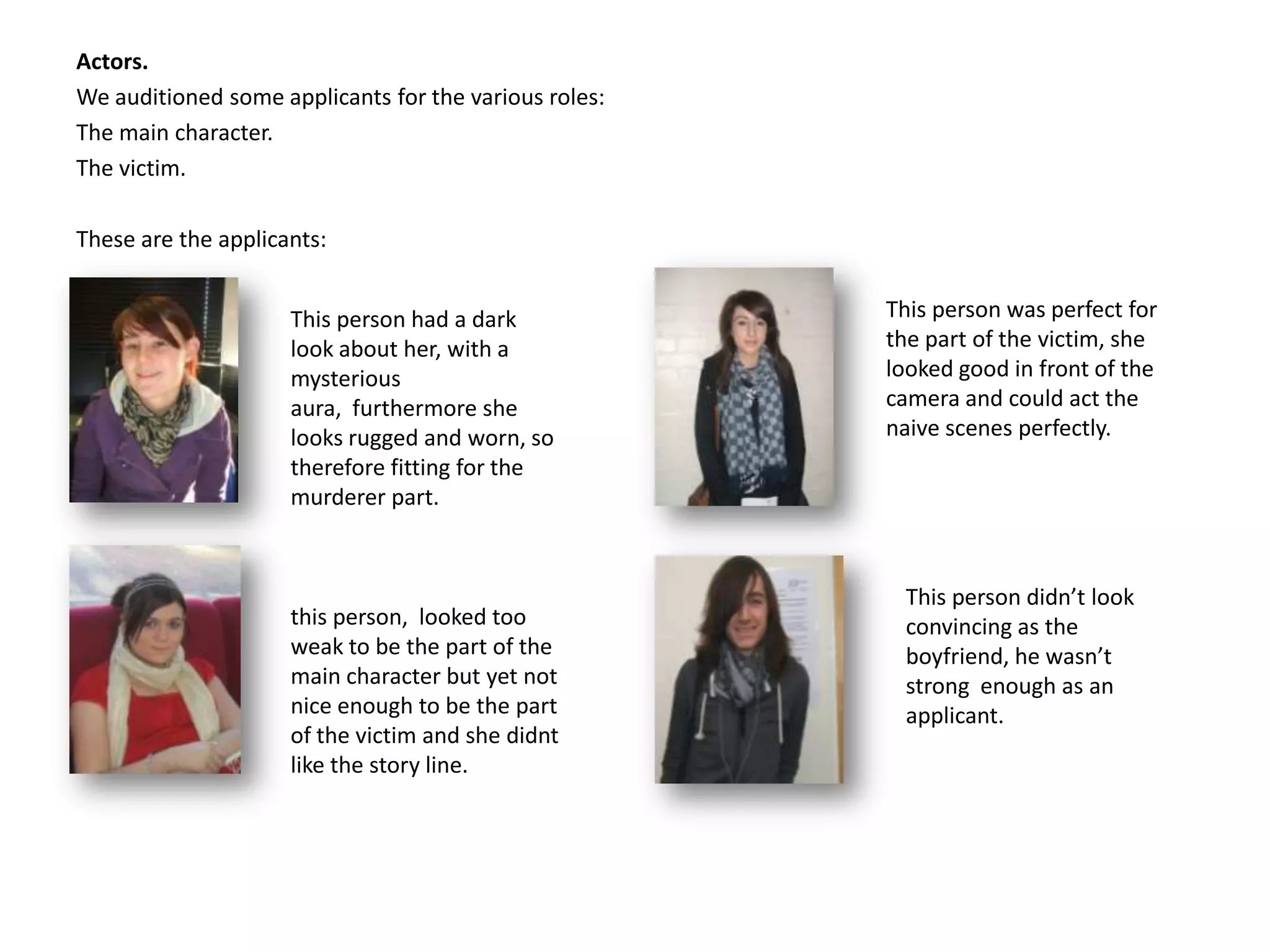 Actors.We auditioned some applicants for the various roles:The main character.The victim.These are the applicants:This person was perfect for the part of the victim, she looked good in front of the camera and could act the naive scenes perfectly.This person had a dark look about her, with a mysterious aura,  furthermore she looks rugged and worn, so therefore fitting for the murderer part.This person didn’t look convincing as the boyfriend, he wasn’t strong  enough as an applicant.  this person,  looked too weak to be the part of the main character but yet not nice enough to be the part of the victim and she didnt like the story line.