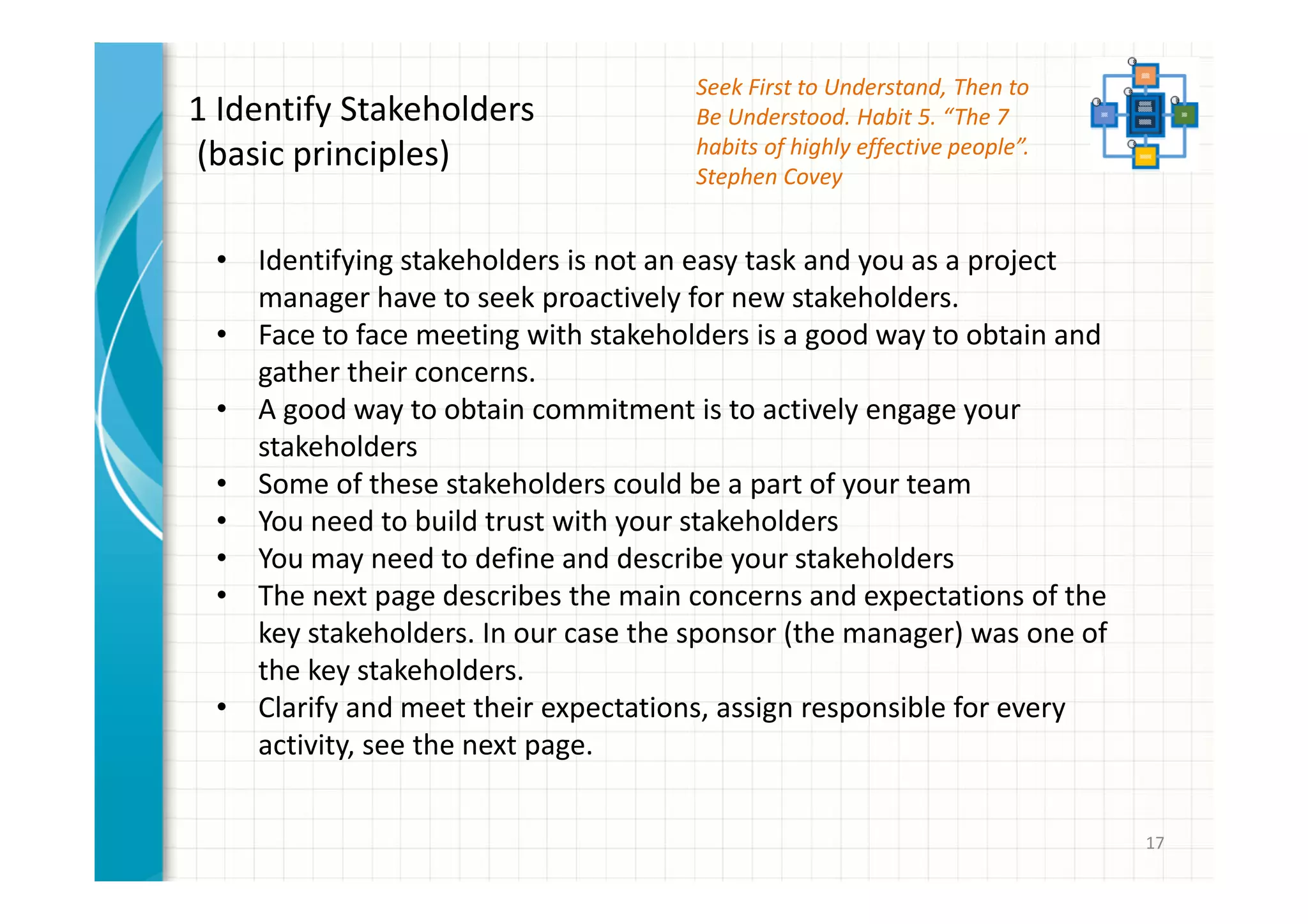 17 
1 Identify Stakeholders 
(basic principles) 
• Identifying stakeholders is not an easy task and you as a project 
manager have to seek proactively for new stakeholders. 
• Face to face meeting with stakeholders is a good way to obtain and 
gather their concerns. 
• A good way to obtain commitment is to actively engage your 
stakeholders 
• Some of these stakeholders could be a part of your team 
• You need to build trust with your stakeholders 
• You may need to define and describe your stakeholders 
• The next page describes the main concerns and expectations of the 
key stakeholders. In our case the sponsor (the manager) was one of 
the key stakeholders. 
• Clarify and meet their expectations, assign responsible for every 
activity, see the next page. 
Seek First to Understand, Then to 
Be Understood. Habit 5. “The 7 
habits of highly effective people”. 
Stephen Covey 
 