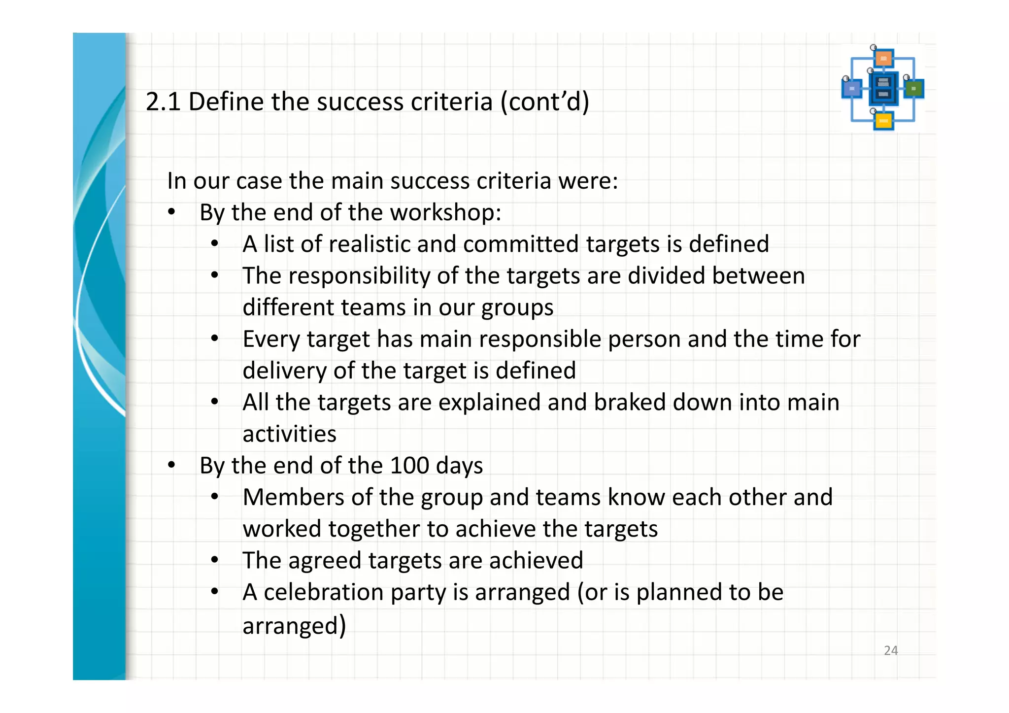 24 
2.1 Define the success criteria (cont’d) 
In our case the main success criteria were: 
• By the end of the workshop: 
• A list of realistic and committed targets is defined 
• The responsibility of the targets are divided between 
different teams in our groups 
• Every target has main responsible person and the time for 
delivery of the target is defined 
• All the targets are explained and braked down into main 
activities 
• By the end of the 100 days 
• Members of the group and teams know each other and 
worked together to achieve the targets 
• The agreed targets are achieved 
• A celebration party is arranged (or is planned to be 
arranged) 
 