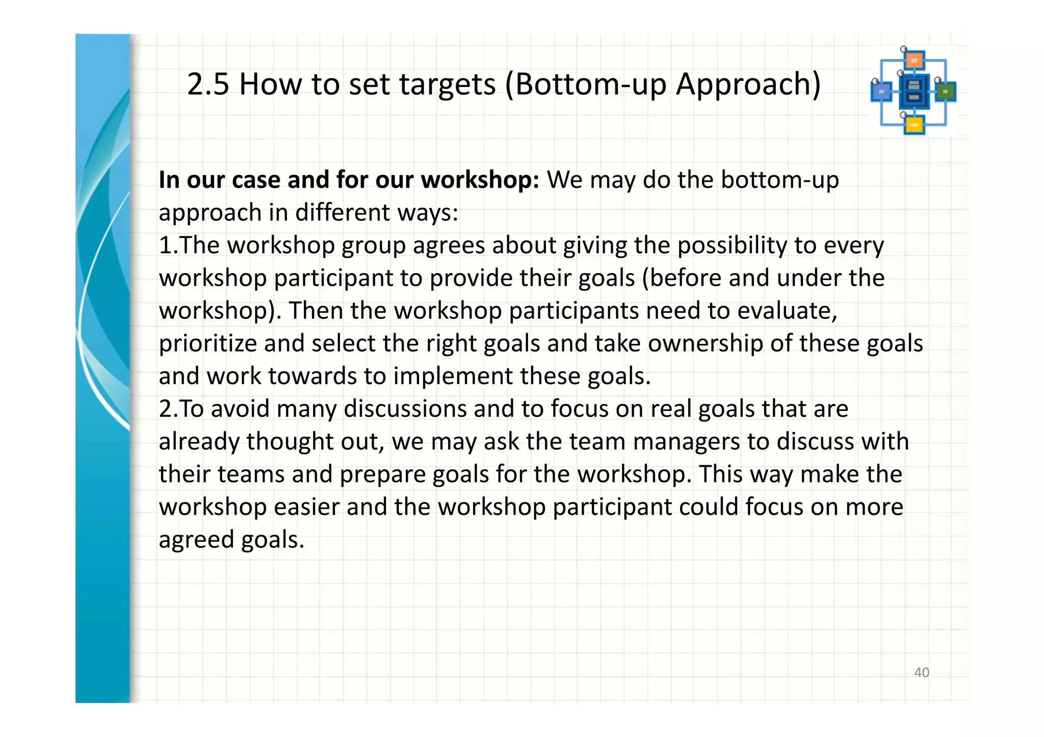 40 
2.5 How to set targets (Bottom-up Approach) 
In our case and for our workshop: We may do the bottom-up 
approach in different ways: 
1.The workshop group agrees about giving the possibility to every 
workshop participant to provide their goals (before and under the 
workshop). Then the workshop participants need to evaluate, 
prioritize and select the right goals and take ownership of these goals 
and work towards to implement these goals. 
2.To avoid many discussions and to focus on real goals that are 
already thought out, we may ask the team managers to discuss with 
their teams and prepare goals for the workshop. This way make the 
workshop easier and the workshop participant could focus on more 
agreed goals. 
 