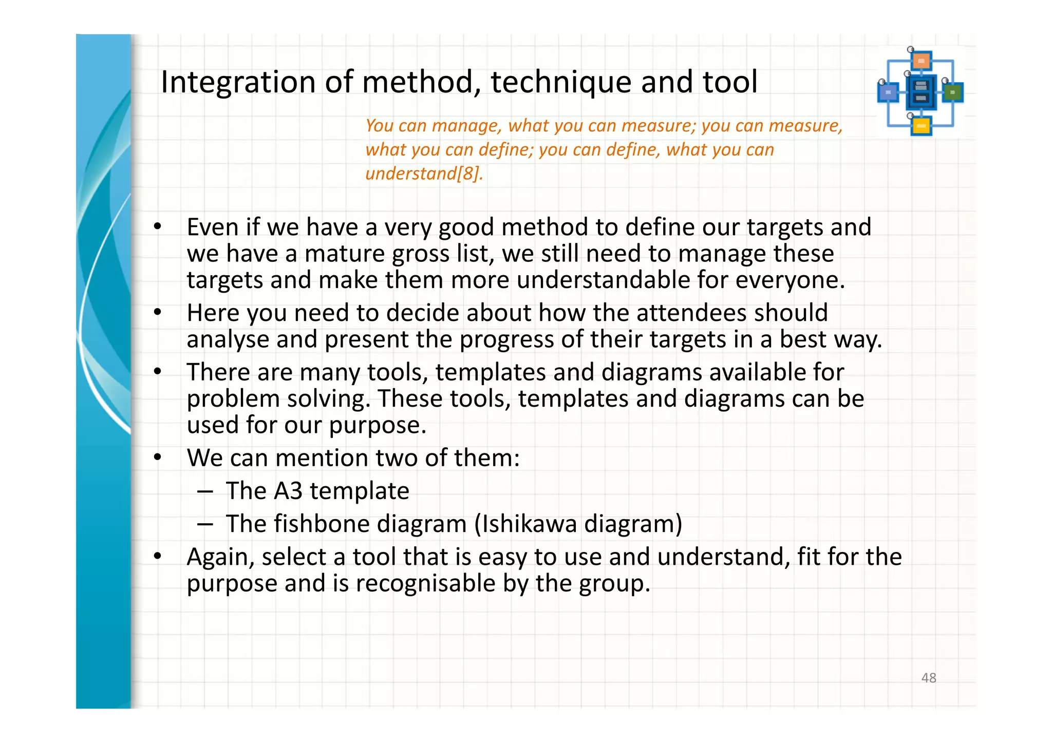 Integration of method, technique and tool 
• Even if we have a very good method to define our targets and 
we have a mature gross list, we still need to manage these 
targets and make them more understandable for everyone. 
• Here you need to decide about how the attendees should 
analyse and present the progress of their targets in a best way. 
• There are many tools, templates and diagrams available for 
problem solving. These tools, templates and diagrams can be 
used for our purpose. 
• We can mention two of them: 
– The A3 template 
– The fishbone diagram (Ishikawa diagram) 
• Again, select a tool that is easy to use and understand, fit for the 
purpose and is recognisable by the group. 
48 
You can manage, what you can measure; you can measure, 
what you can define; you can define, what you can 
understand[8]. 
 