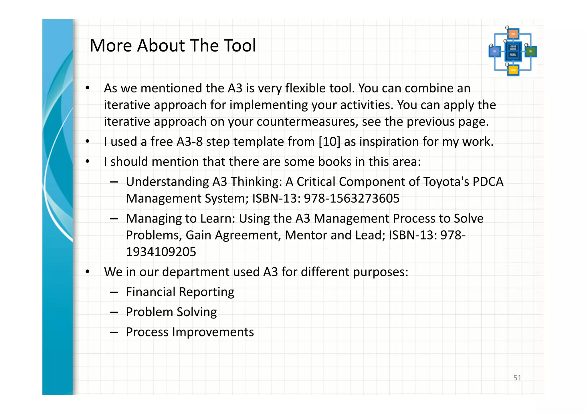 More About The Tool 
• As we mentioned the A3 is a very flexible tool. 
• You can apply the iterative approach on your countermeasures, see 
the previous page. 
• I used a free A3-8 step template from [10] as inspiration for my work. 
• I should mention that there are some books in this area: 
– Understanding A3 Thinking: A Critical Component of Toyota's PDCA 
Management System; ISBN-13: 978-1563273605 
– Managing to Learn: Using the A3 Management Process to Solve 
Problems, Gain Agreement, Mentor and Lead; ISBN-13: 978- 
1934109205 
• We in our department used A3 for different purposes: 
– Financial Reporting 
– Problem Solving 
– Process Improvements 
51 
 