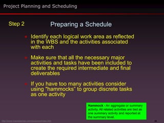 26
 Identify each logical work area as reflected
in the WBS and the activities associated
with each
 Make sure that all the necessary major
activities and tasks have been included to
create the required intermediate and final
deliverables
 If you have too many activities consider
using "hammocks” to group discrete tasks
as one activity
Preparing a Schedule
Project Planning and Scheduling
Step 2
Hammock - An aggregate or summary
activity. All related activities are tied as
one summary activity and reported at
the summary level.
http://www.maxwideman.com/issacons/index.htm
 