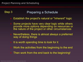 27
 Establish the project's natural or "inherent" logic
 Some projects have very clear logic while others
provide more options depending on resources or
the nature of the project or other circumstances
 Nevertheless, there is almost always a preferred
way of doing things
 It is worth spending time to look for it
 Work the activities from the beginning to the end
 Then work from the end back to the beginning!
Preparing a Schedule
Project Planning and Scheduling
Step 3
http://www.maxwideman.com/issacons/index.htm
 
