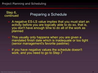 34
 A negative ES-LS value implies that you must start an
activity before you are logically able to do so, that is,
you don't have enough time to do all of the work as
planned
 This usually only happens when you are given a
mandated finish date which is inadequate or too tight
(senior management's favorite pastime)
 If you have negative values the schedule doesn't
work, and you need to go to Step 7
Preparing a Schedule
Project Planning and Scheduling
Step 6,
continued
http://www.maxwideman.com/issacons/index.htm
 