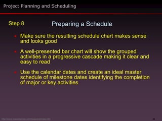 36
 Make sure the resulting schedule chart makes sense
and looks good
 A well-presented bar chart will show the grouped
activities in a progressive cascade making it clear and
easy to read
 Use the calendar dates and create an ideal master
schedule of milestone dates identifying the completion
of major or key activities
Preparing a Schedule
Project Planning and Scheduling
Step 8
http://www.maxwideman.com/issacons/index.htm
 