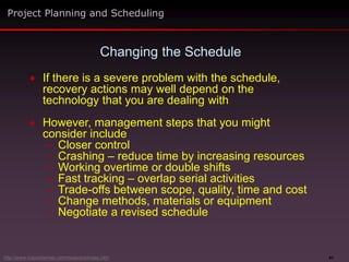 41
 If there is a severe problem with the schedule,
recovery actions may well depend on the
technology that you are dealing with
 However, management steps that you might
consider include
– Closer control
– Crashing – reduce time by increasing resources
– Working overtime or double shifts
– Fast tracking – overlap serial activities
– Trade-offs between scope, quality, time and cost
– Change methods, materials or equipment
– Negotiate a revised schedule
Changing the Schedule
Project Planning and Scheduling
http://www.maxwideman.com/issacons/index.htm
 
