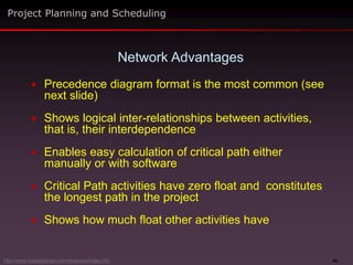 45
 Precedence diagram format is the most common (see
next slide)
 Shows logical inter-relationships between activities,
that is, their interdependence
 Enables easy calculation of critical path either
manually or with software
 Critical Path activities have zero float and constitutes
the longest path in the project
 Shows how much float other activities have
Network Advantages
Project Planning and Scheduling
http://www.maxwideman.com/issacons/index.htm
 