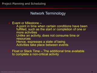 50
 Event or Milestone –
– A point in time when certain conditions have been
fulfilled, such as the start or completion of one or
more activities
– Unlike an activity, does not consume time or
resources
– Hence, expresses a state of being
– Activities take place between events
 Float or Slack Time – The additional time available
to complete a non-critical activity
Network Terminology
Project Planning and Scheduling
http://www.maxwideman.com/issacons/index.htm
 