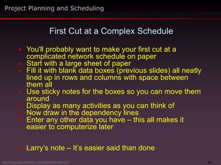 63
 You'll probably want to make your first cut at a
complicated network schedule on paper
 Start with a large sheet of paper
 Fill it with blank data boxes (previous slides) all neatly
lined up in rows and columns with space between
them all
 Use sticky notes for the boxes so you can move them
around
 Display as many activities as you can think of
 Now draw in the dependency lines
 Enter any other data you have – this all makes it
easier to computerize later
 Larry’s note – It’s easier said than done
First Cut at a Complex Schedule
Project Planning and Scheduling
http://www.maxwideman.com/issacons/index.htm
 