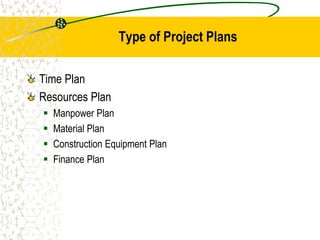 Type of Project Plans
Time Plan
Resources Plan
 Manpower Plan
 Material Plan
 Construction Equipment Plan
 Finance Plan
 