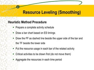 Resource Leveling (Smoothing)
Heuristic Method Procedure
 Prepare a complete activity schedule
 Draw a bar chart based on ES timings
 Draw the FF as dashed line beside the upper side of the bar and
the TF beside the lower side
 Put the resource usage in each bar of the related activity
 Critical activities to be drawn first (do not move them)
 Aggregate the resources in each time period
 