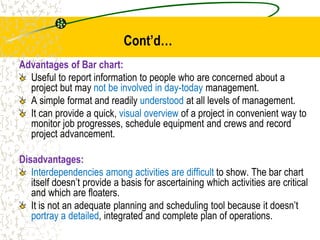 Cont’d…
Advantages of Bar chart:
Useful to report information to people who are concerned about a
project but may not be involved in day-today management.
A simple format and readily understood at all levels of management.
It can provide a quick, visual overview of a project in convenient way to
monitor job progresses, schedule equipment and crews and record
project advancement.
Disadvantages:
Interdependencies among activities are difficult to show. The bar chart
itself doesn’t provide a basis for ascertaining which activities are critical
and which are floaters.
It is not an adequate planning and scheduling tool because it doesn’t
portray a detailed, integrated and complete plan of operations.
 