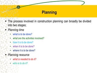 Planning
 The process involved in construction planning can broadly be divided
into two stages;
 Planning time
• what is to be done?
• what are the activities involved?
• how it is to be done?
• when it is to be done?
• where it is to be done?
 Planning resource
• what is needed to do it?
• who is to do it?
 