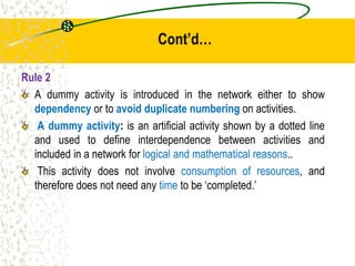 Cont’d…
Rule 2
A dummy activity is introduced in the network either to show
dependency or to avoid duplicate numbering on activities.
A dummy activity: is an artificial activity shown by a dotted line
and used to define interdependence between activities and
included in a network for logical and mathematical reasons..
This activity does not involve consumption of resources, and
therefore does not need any time to be ‘completed.’
 