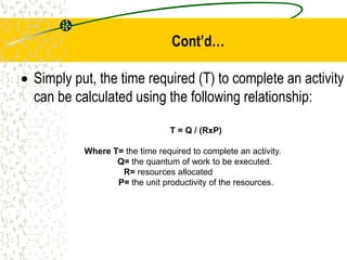 Cont’d…
 Simply put, the time required (T) to complete an activity
can be calculated using the following relationship:
T = Q / (RxP)
Where T= the time required to complete an activity.
Q= the quantum of work to be executed.
R= resources allocated
P= the unit productivity of the resources.
 