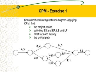 CPM - Exercise 1
Consider the following network diagram. Applying
CPM, find:
 the project period
 activities ES and EF, LS and LF
 float for each activity
 the critical path
 